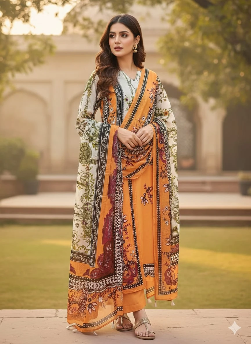 Ready Made Pure Dubai Silk Digital Print Three Piece - Elegant Style