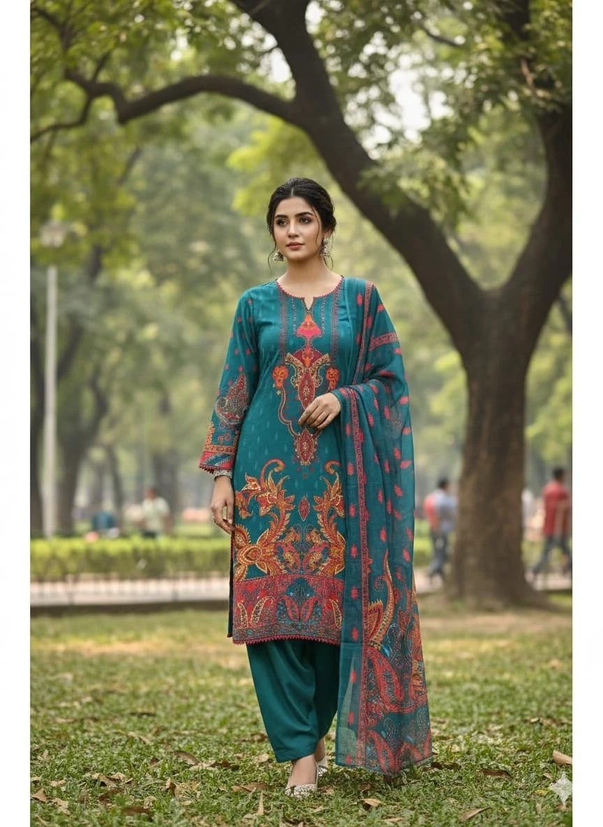 Ready Made Pure Dubai Silk Digital Print Three Piece - Vibrant Look