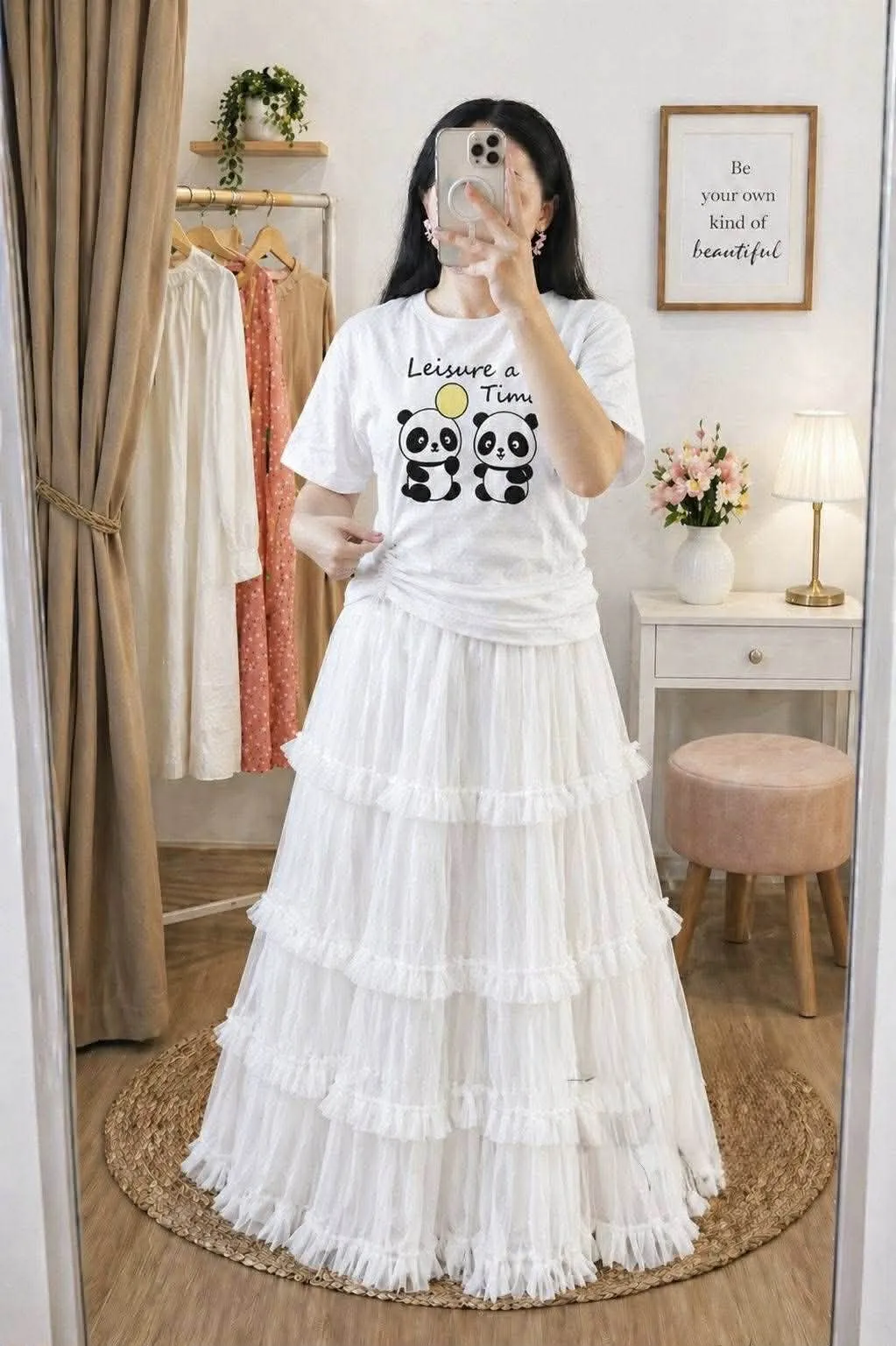 High-Density Signature and Skirt Set Solid Pattern Ladies T-shirt
