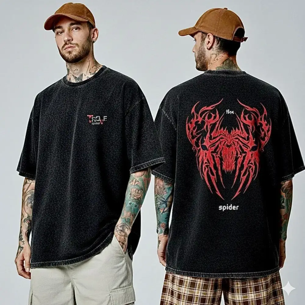 Grand Premium Acid Wash Drop Shoulder Combed Bold Graphics T-Shirt