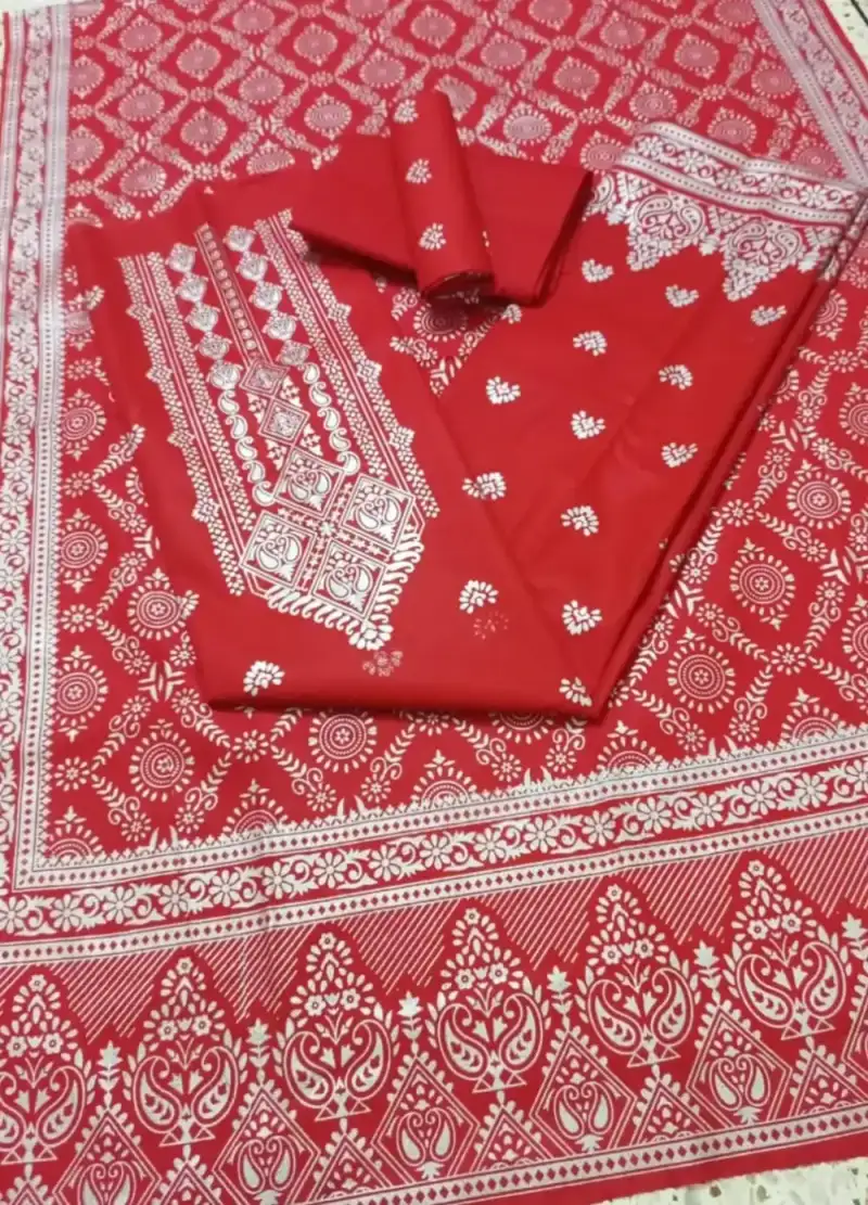 কাতান স্ক্রিন প্রিন্ট থ্রি পিস (সাদা গ্লিটার) - Dazzling Everyday Wear