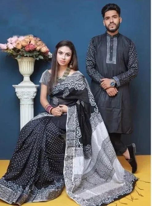 এক্সক্লুসিভ ধুপিয়ান সিল্ক শাড়ি & পাঞ্জাবি কাপল ড্রেস