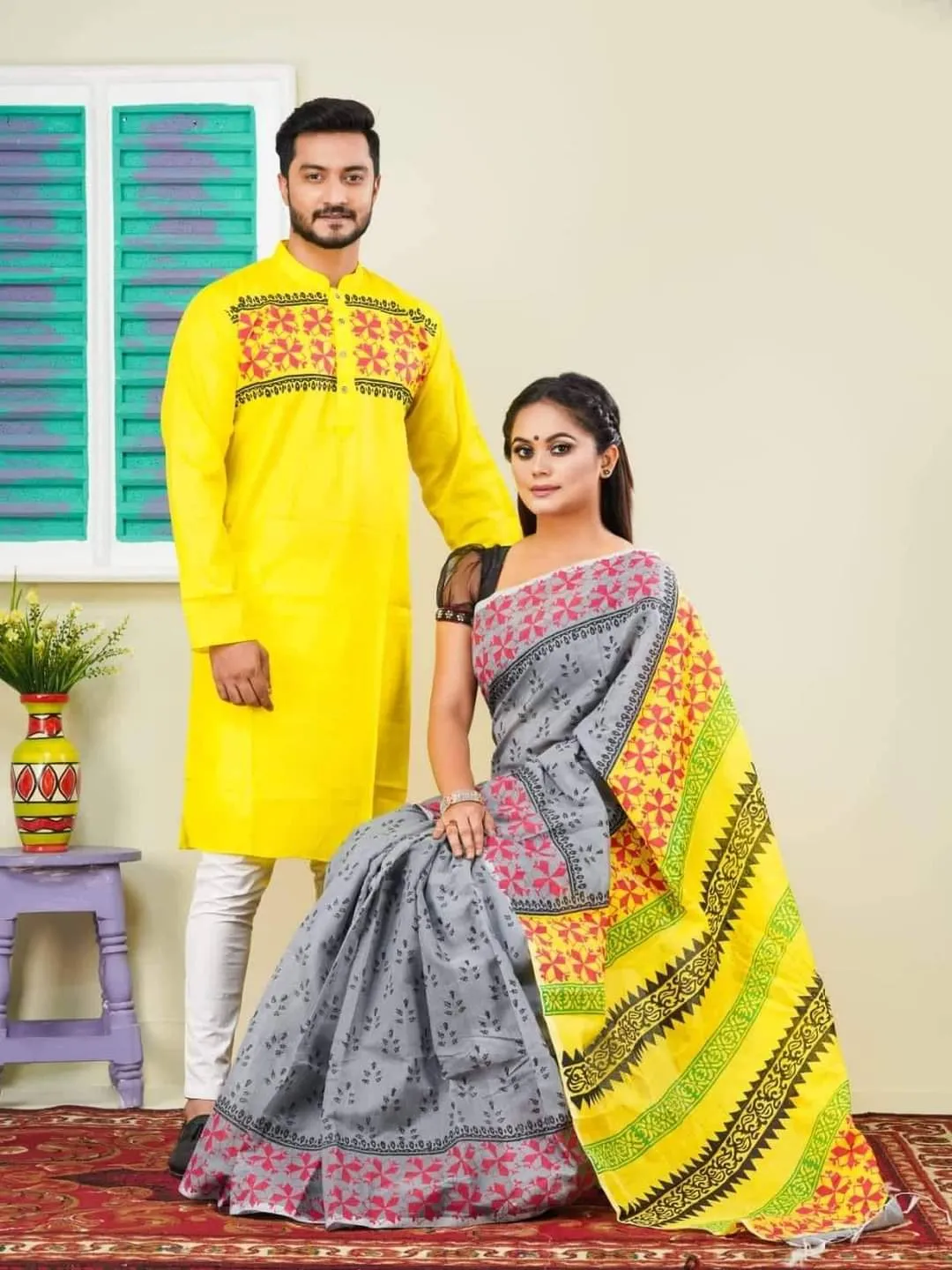 এক্সক্লুসিভ ধুপিয়ান সিল্ক শাড়ি & পাঞ্জাবি কাপল ড্রেস