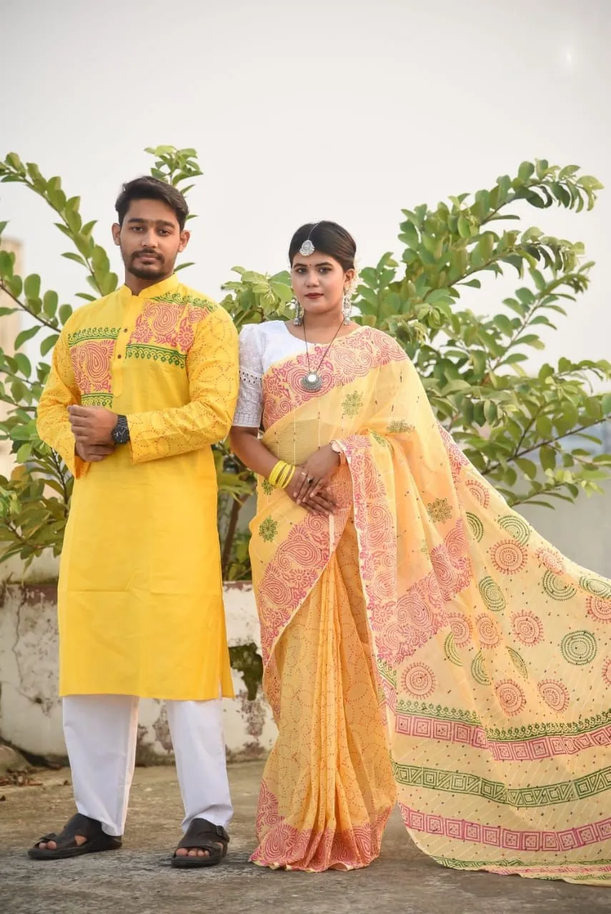 সুতি শাড়ী ও স্লাব কটন পাঞ্জাবিকাপল সেট