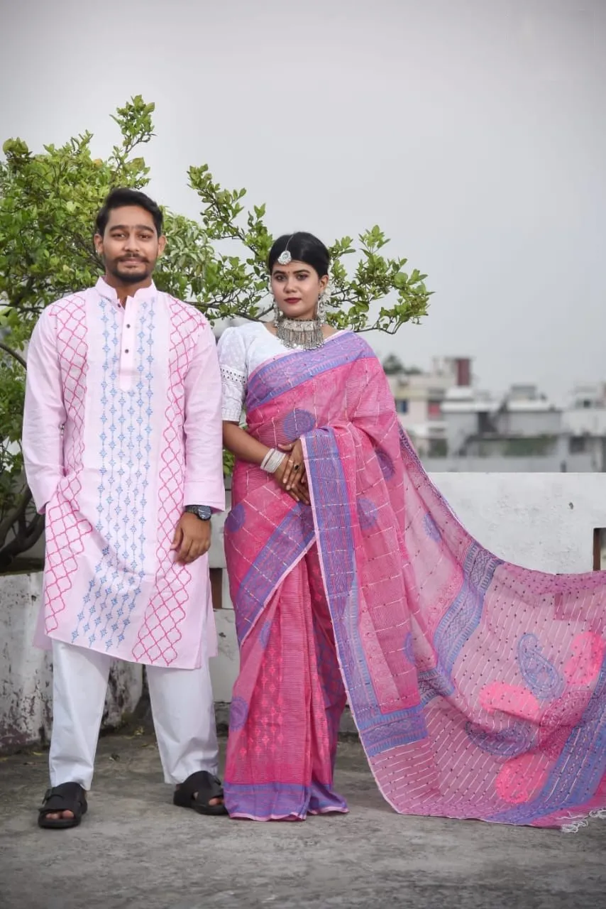 সুতি শাড়ী ও স্লাব কটন পাঞ্জাবিকাপল সেট