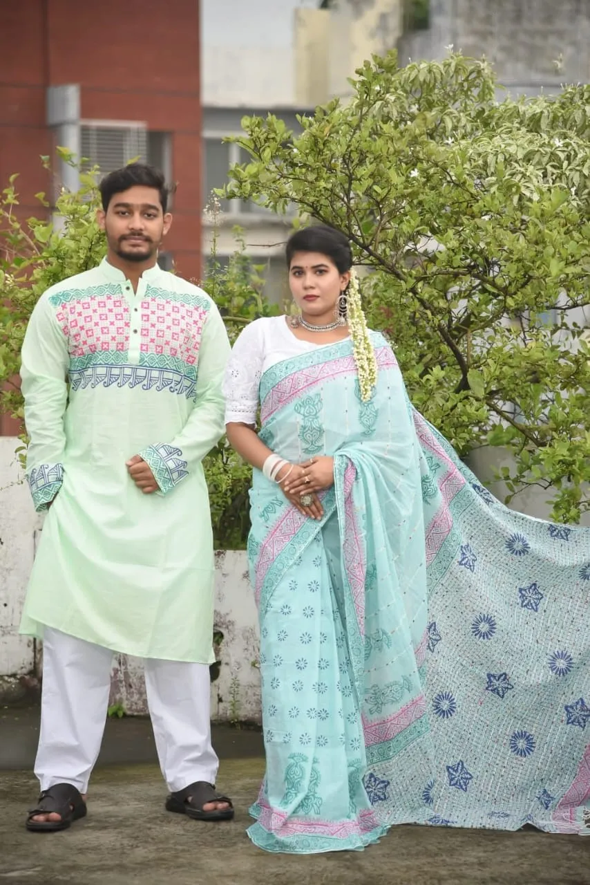 সুতি শাড়ী ও স্লাব কটন পাঞ্জাবিকাপল সেট