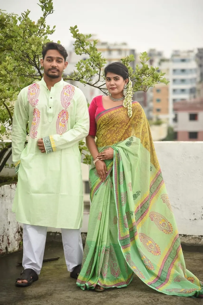 সুতি শাড়ী ও স্লাব কটন পাঞ্জাবিকাপল সেট