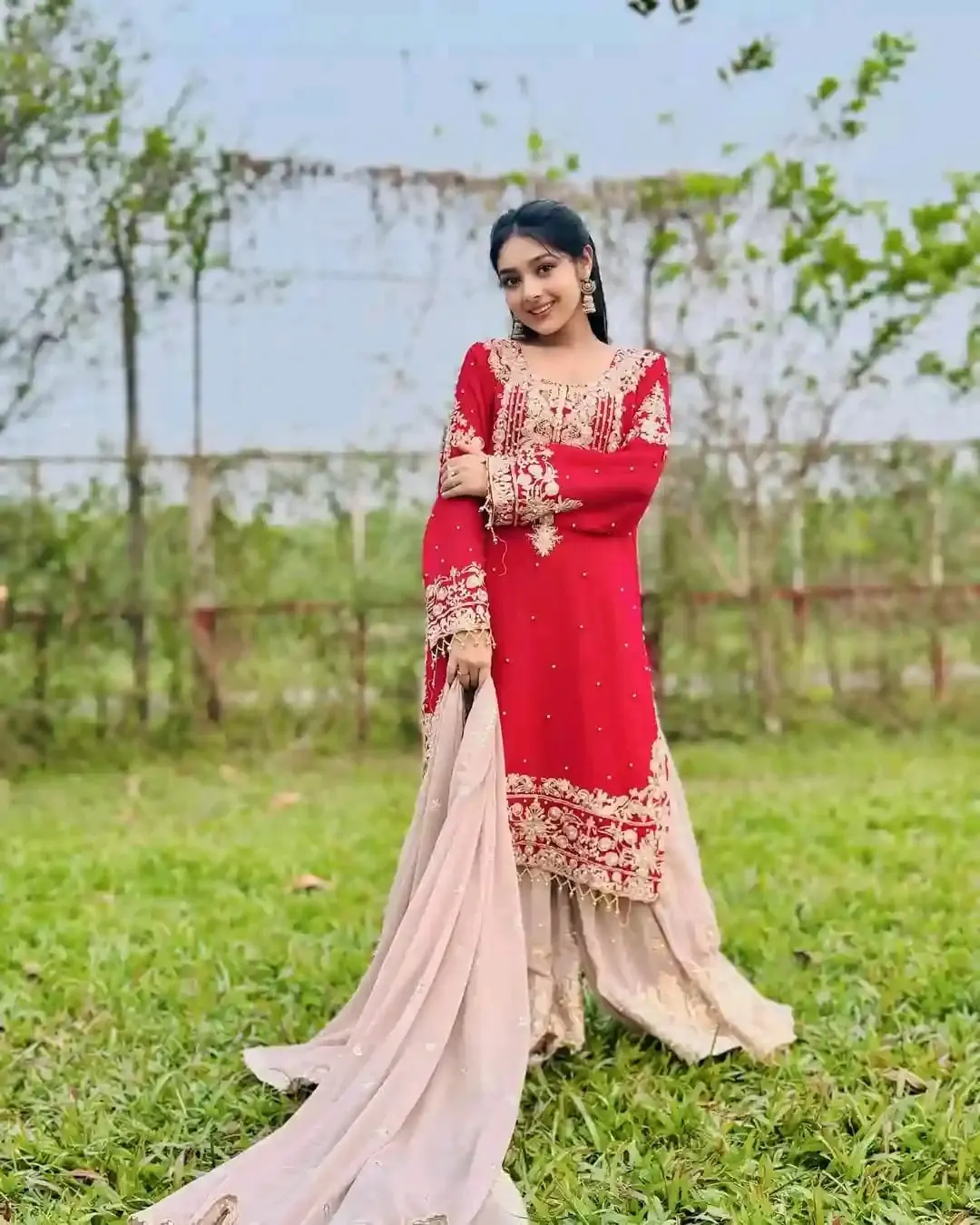 Stylish Viral Red Garara Three Piece