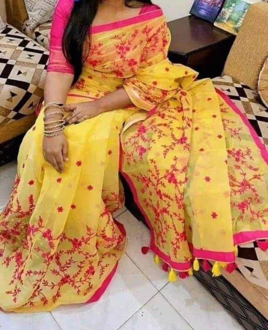 হাফসিল্ক শাড়ীতে এমব্রডারী কাজ করা