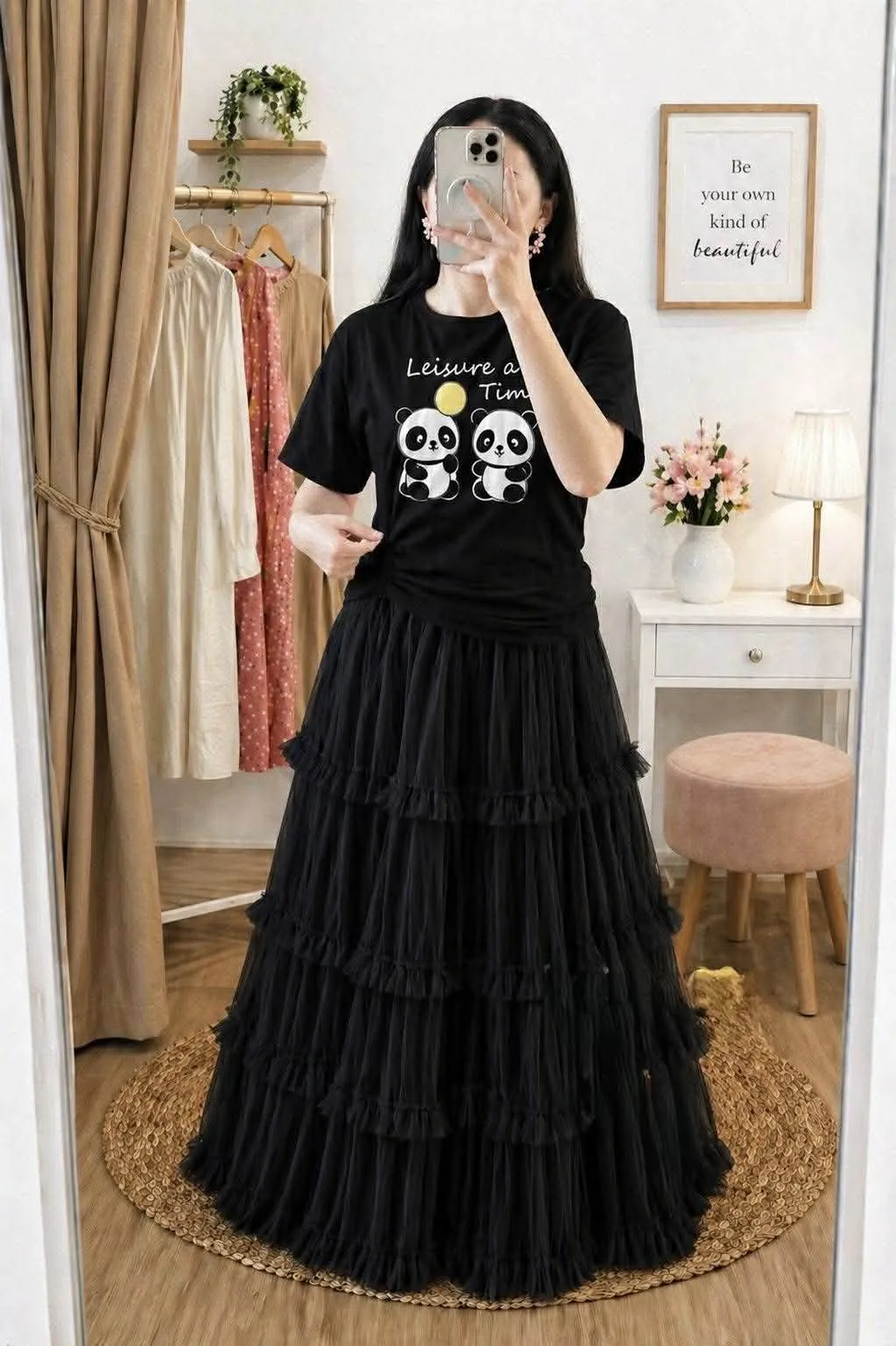 Pure-Cotton Grand and Skirt Set with DTF Print Ladies T-shirt