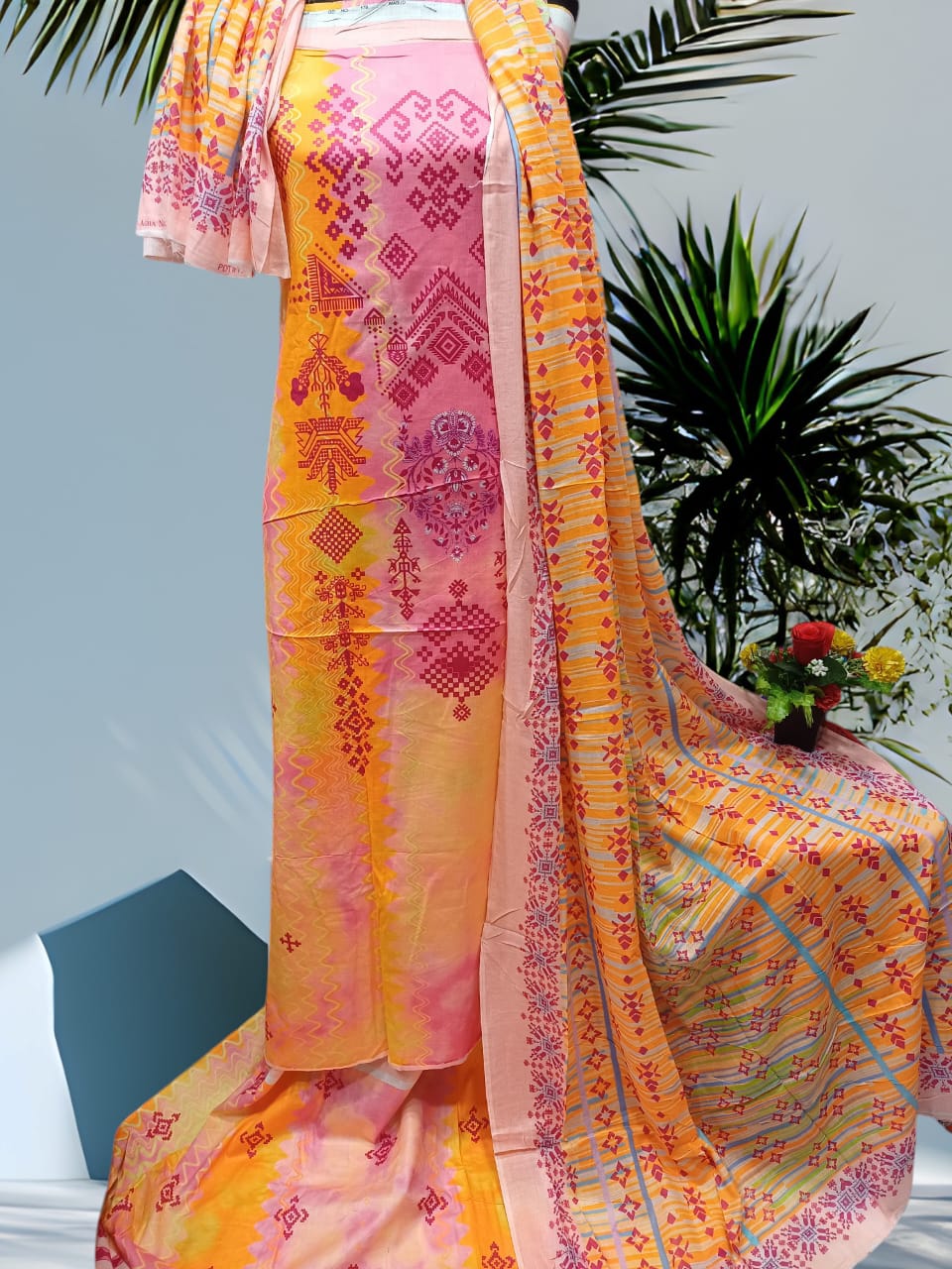 Digital Print Cotton Three Piece Orange Color