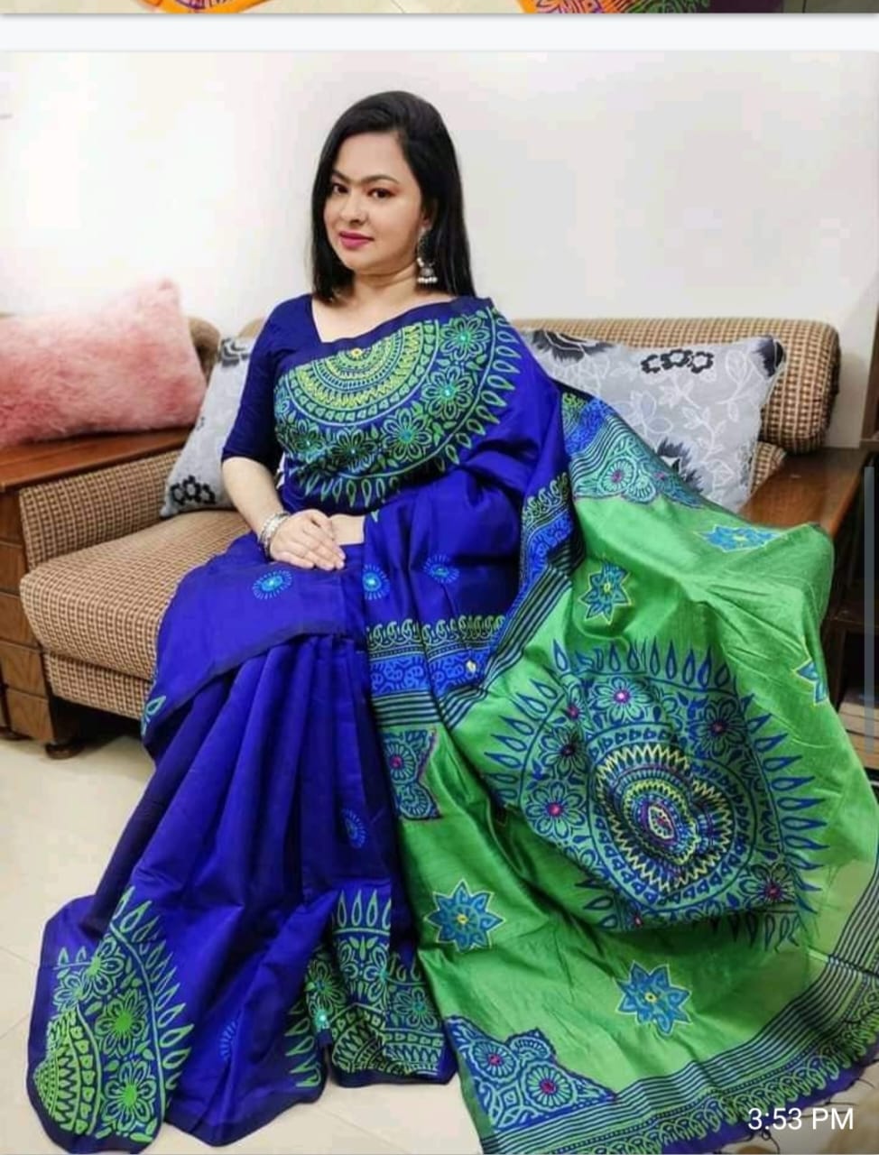 Dhupiyan Silk Saree Blue-Olive